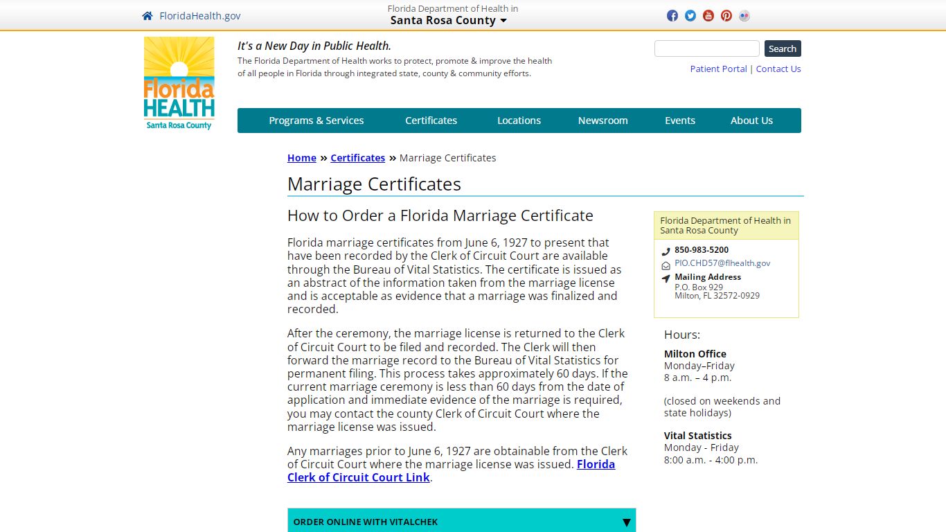 Marriage Certificates | Florida Department of Health in Santa Rosa